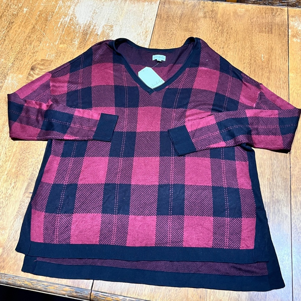 Wonderly Womens XL Burgundy Black Buffalo Plaid V-Neck Drop Shoulder Sweater NWT